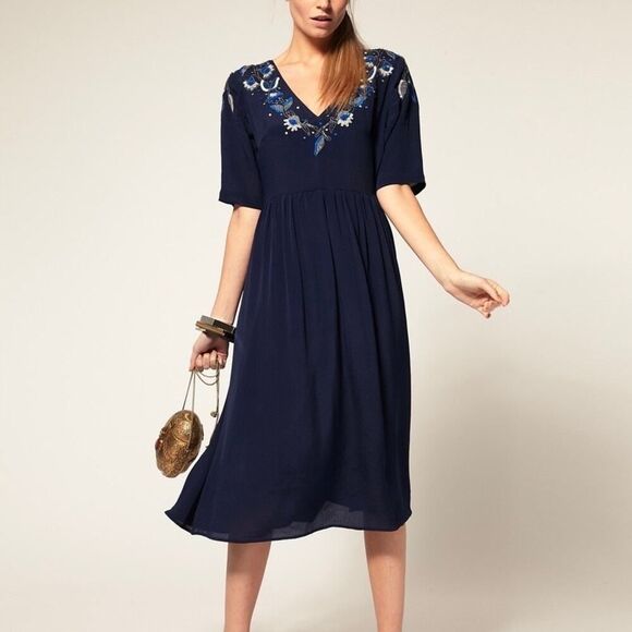 ASOS Navy Blue Sequin Neckline Midi‎ Dress Size 6 - Picture 1 of 7